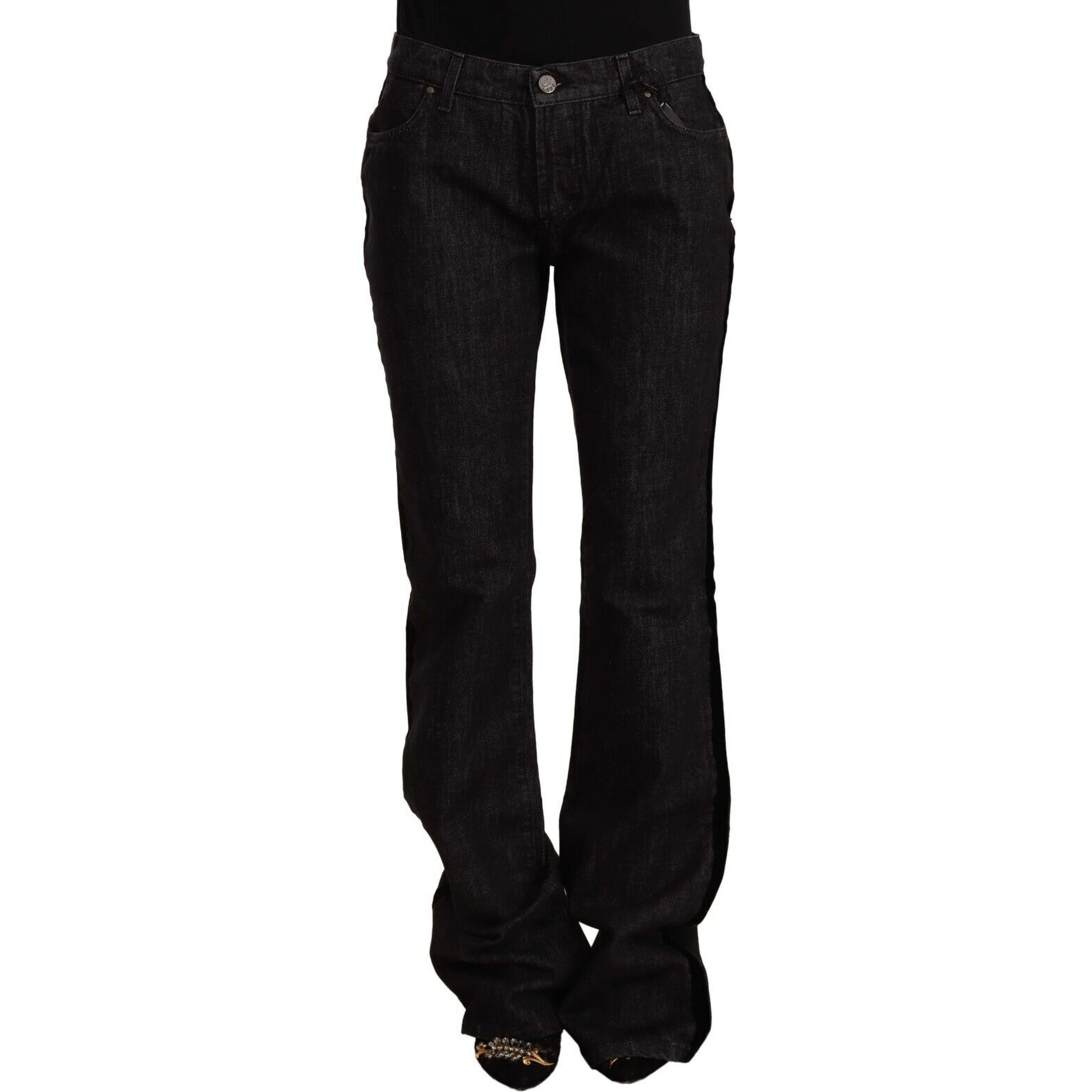Black Mid Waist Cotton Denim Straight Boot Cut Jeans