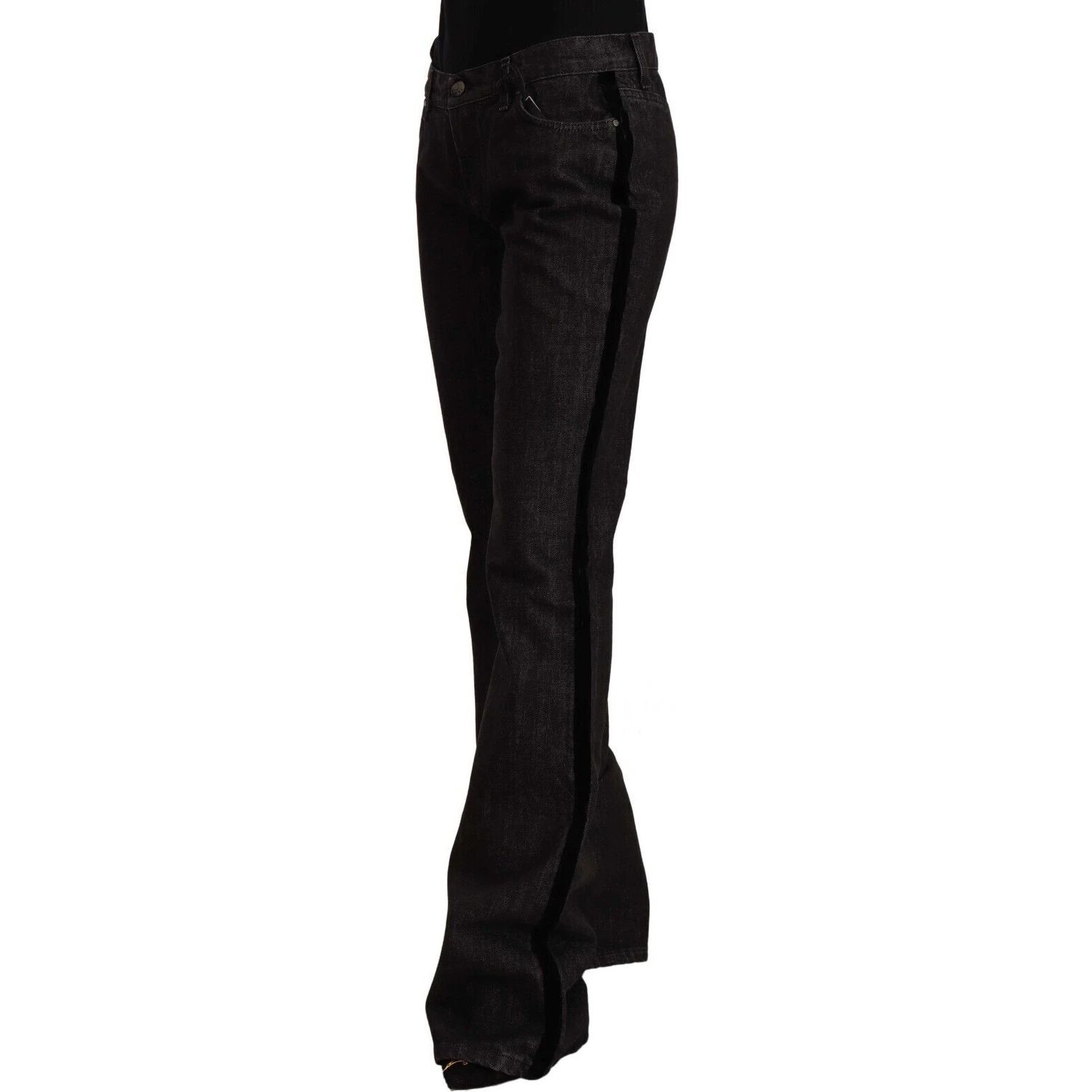 Black Mid Waist Cotton Denim Straight Boot Cut Jeans