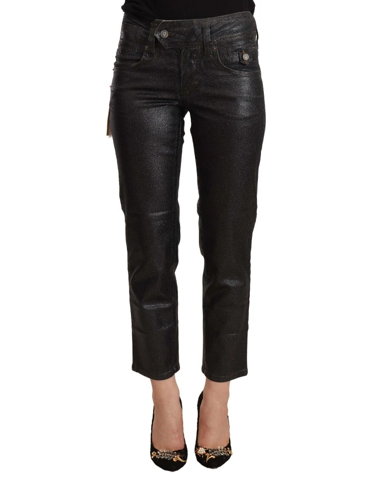 Black Glittered Mid Waist Cotton Cropped Pants