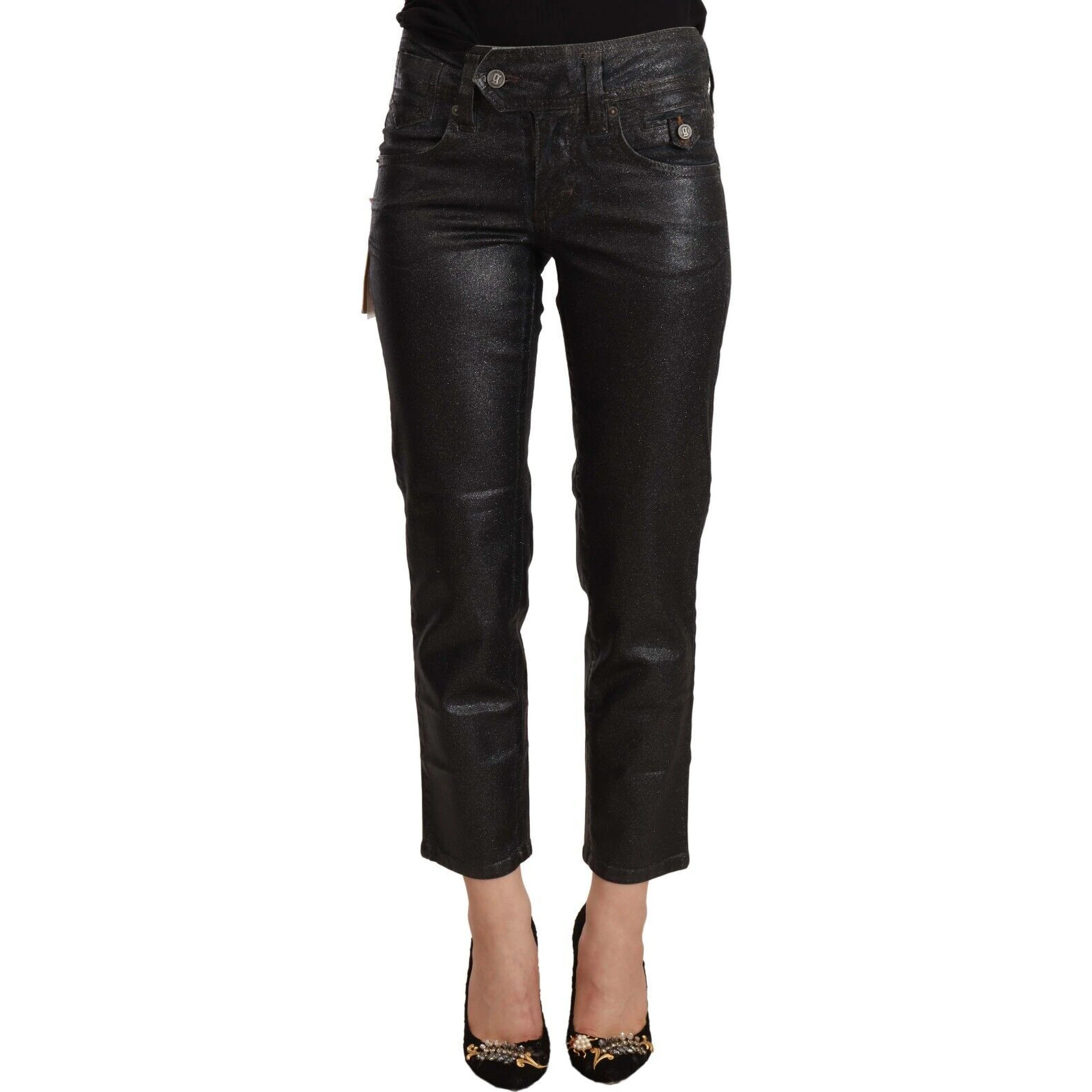 Black Glittered Mid Waist Cotton Cropped Pants