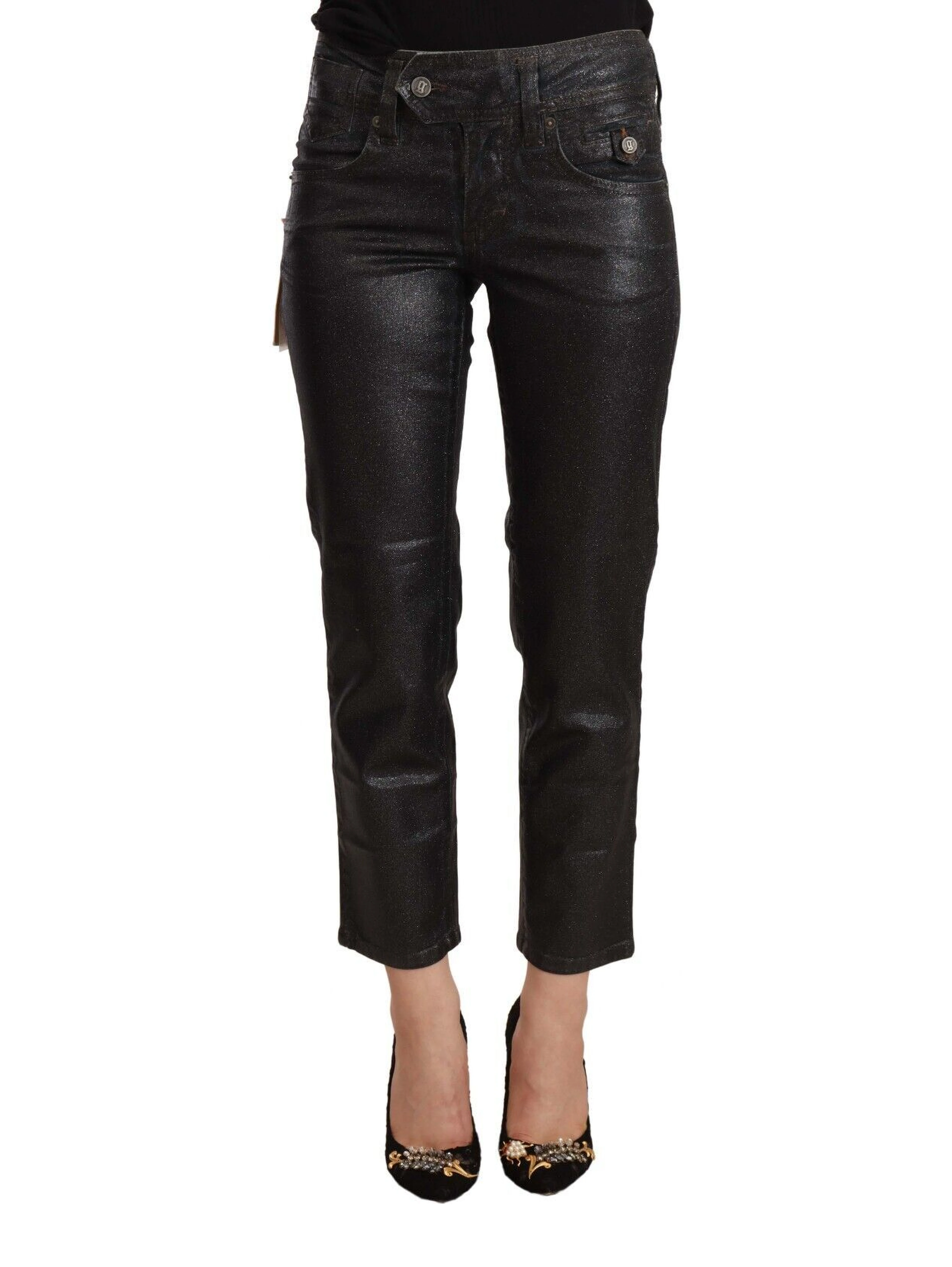 Black Glittered Mid Waist Cotton Cropped Pants