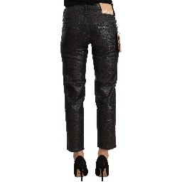 Black Glittered Mid Waist Cotton Cropped Pants