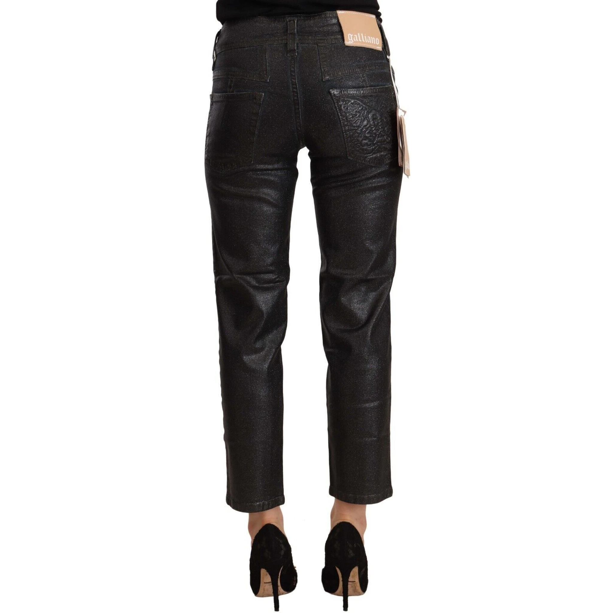 Black Glittered Mid Waist Cotton Cropped Pants