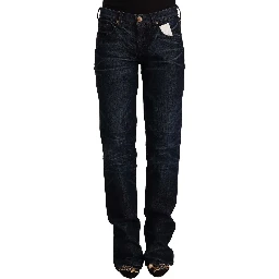 Dark Blue Mid Waist Cotton Denim Straight Jeans
