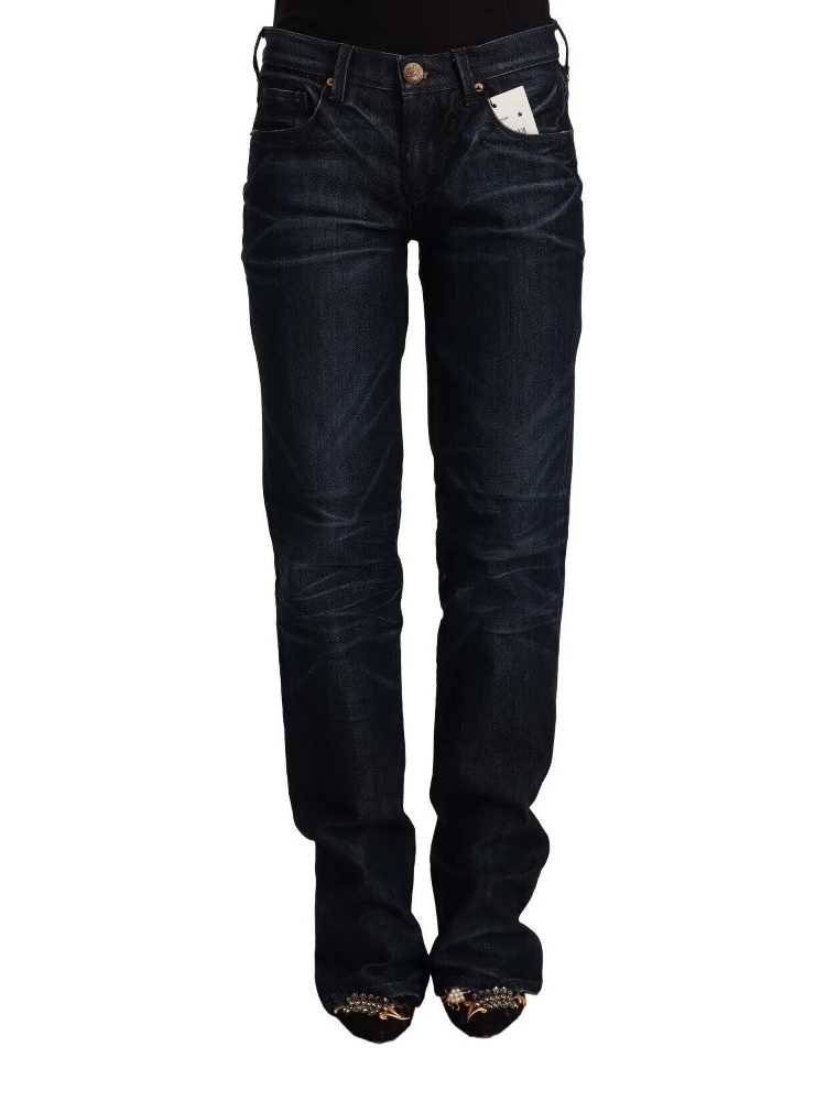 Dark Blue Mid Waist Cotton Denim Straight Jeans