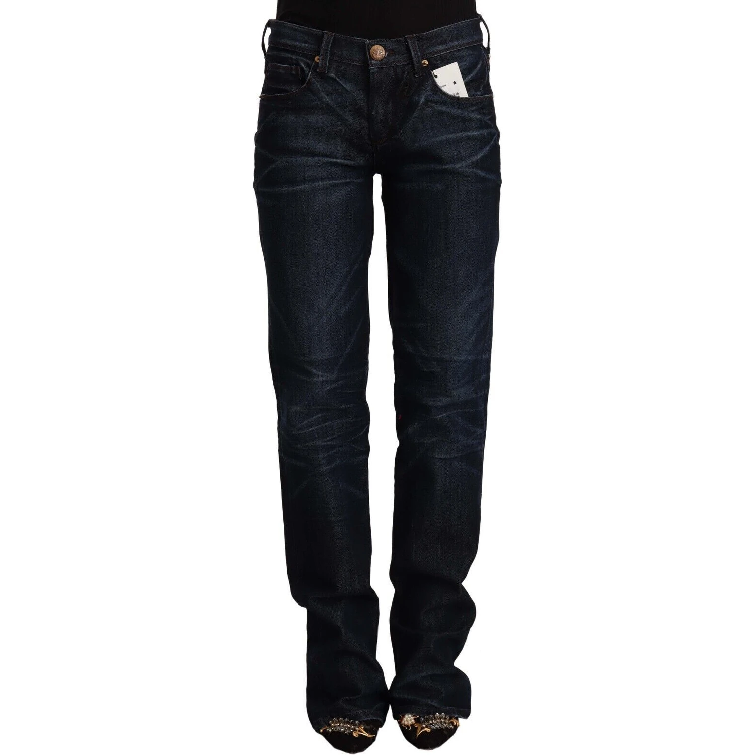 Dark Blue Mid Waist Cotton Denim Straight Jeans