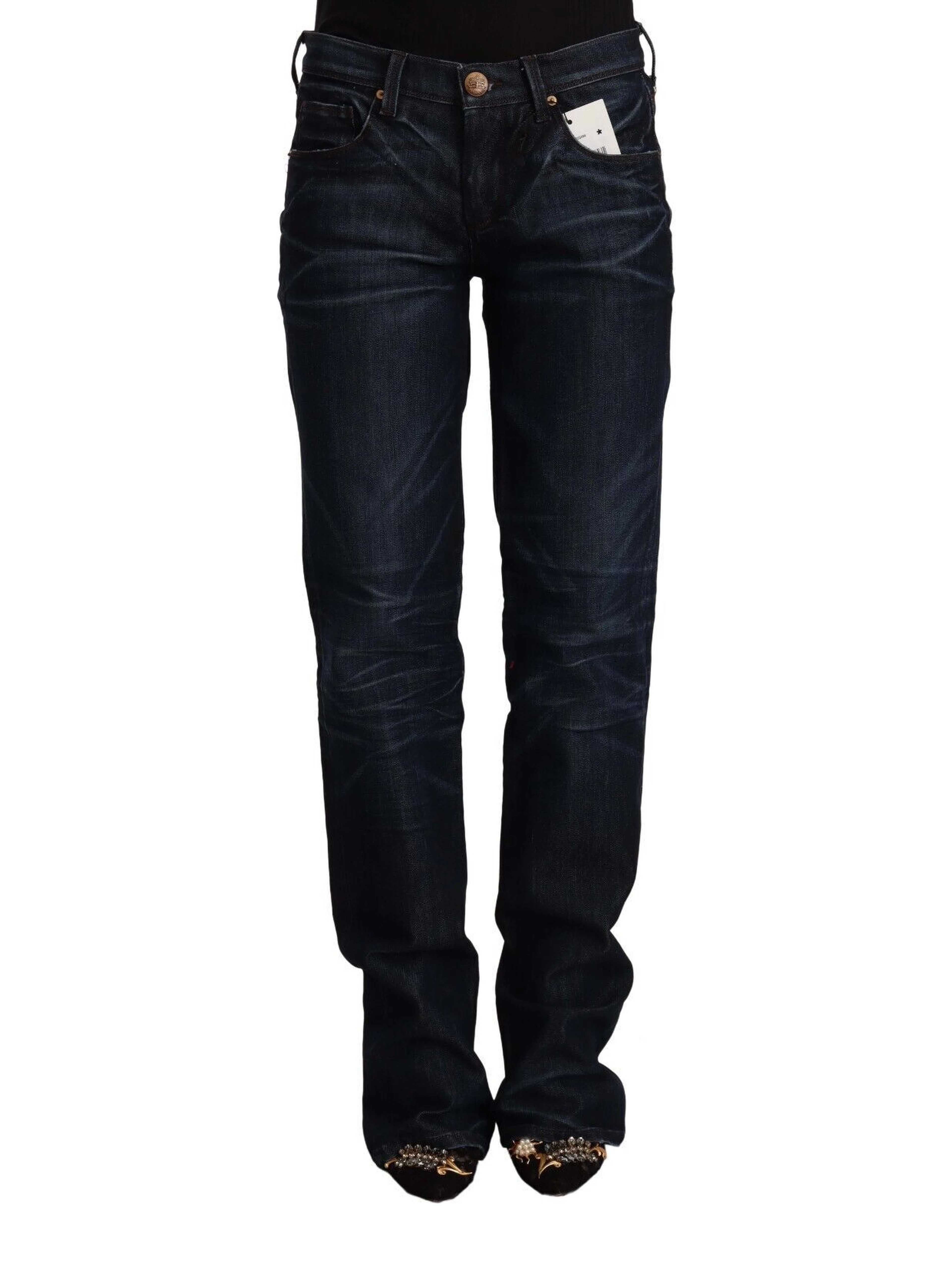 Dark Blue Mid Waist Cotton Denim Straight Jeans