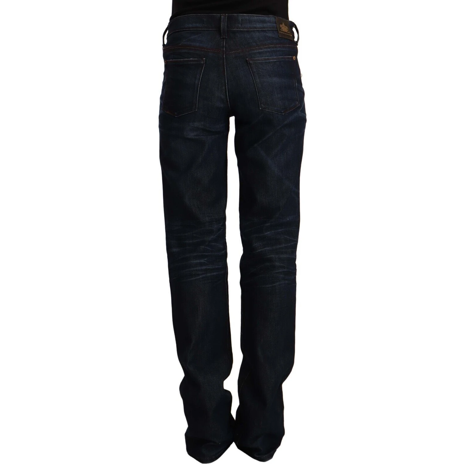 Dark Blue Mid Waist Cotton Denim Straight Jeans
