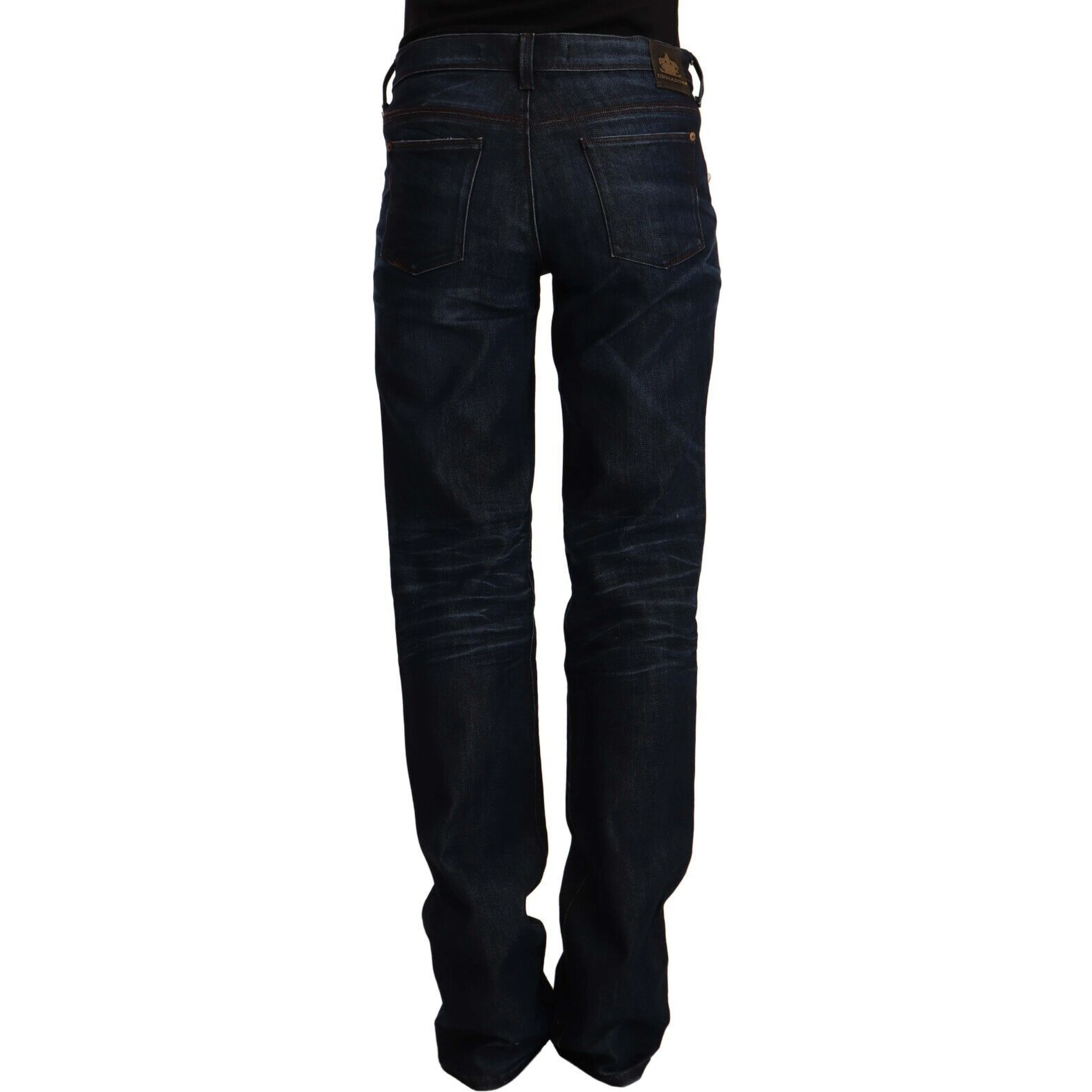 Dark Blue Mid Waist Cotton Denim Straight Jeans