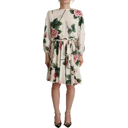 White Rose Print Long Sleeves A-line Dress