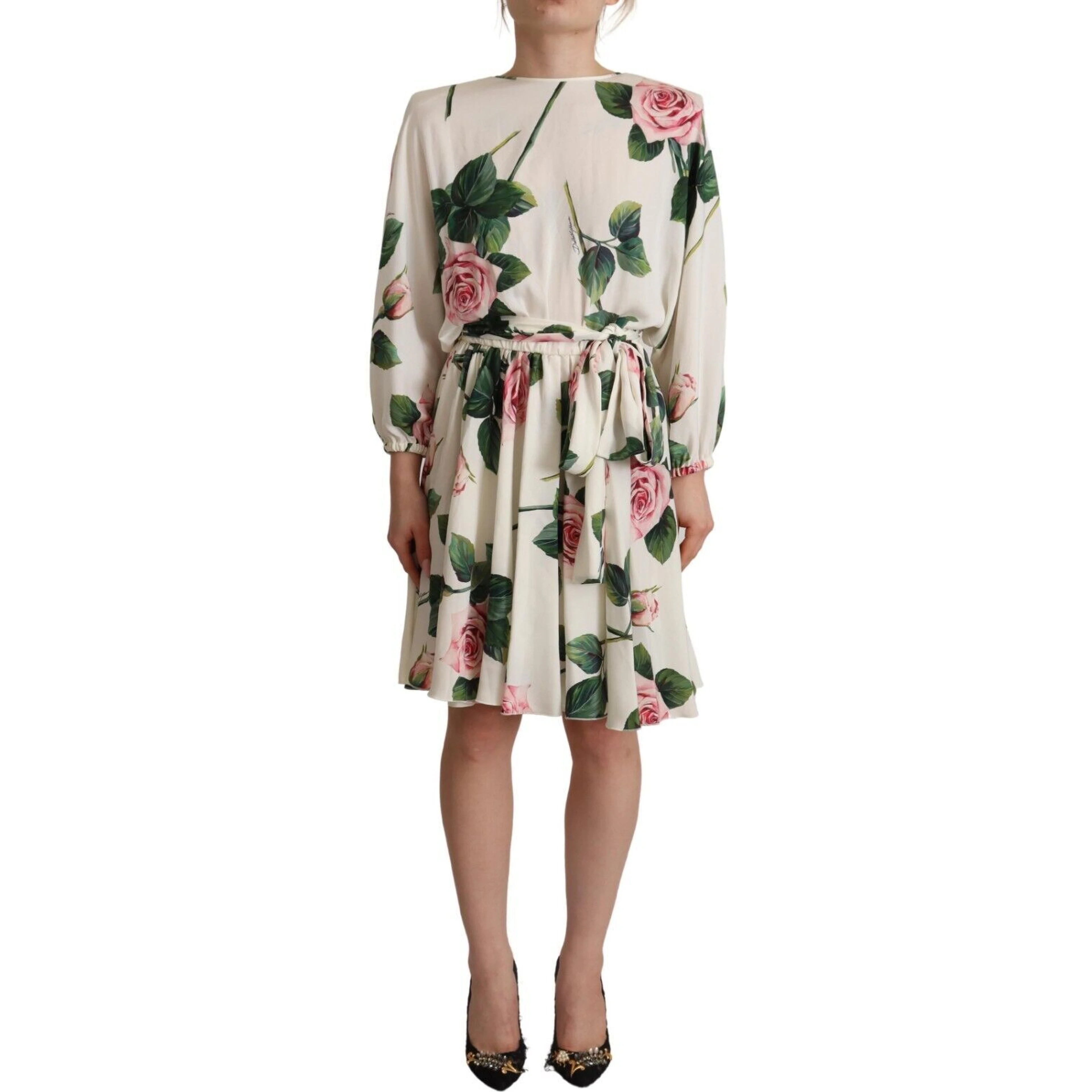 White Rose Print Long Sleeves A-line Dress
