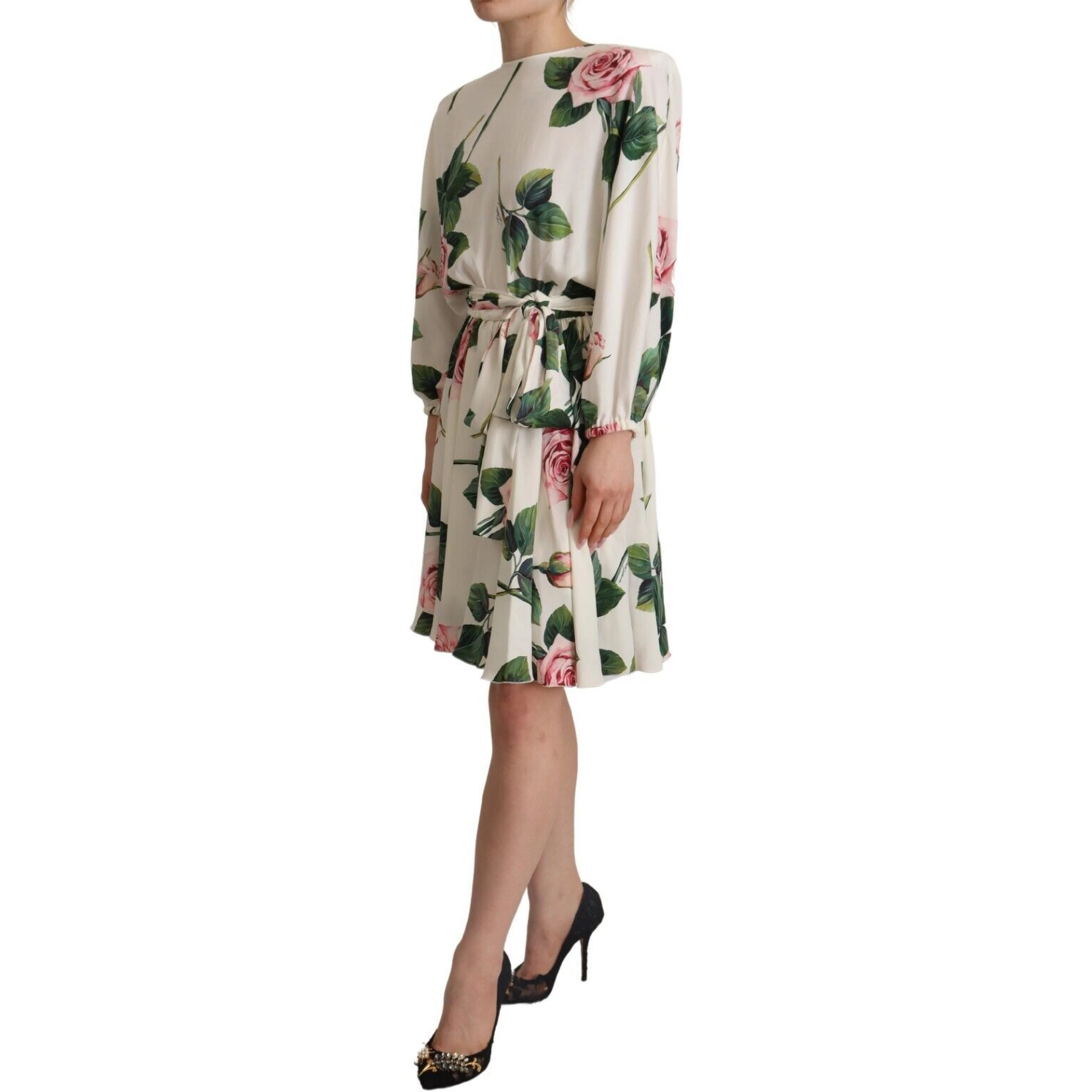 White Rose Print Long Sleeves A-line Dress