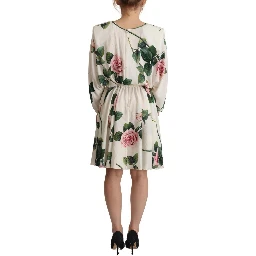 White Rose Print Long Sleeves A-line Dress