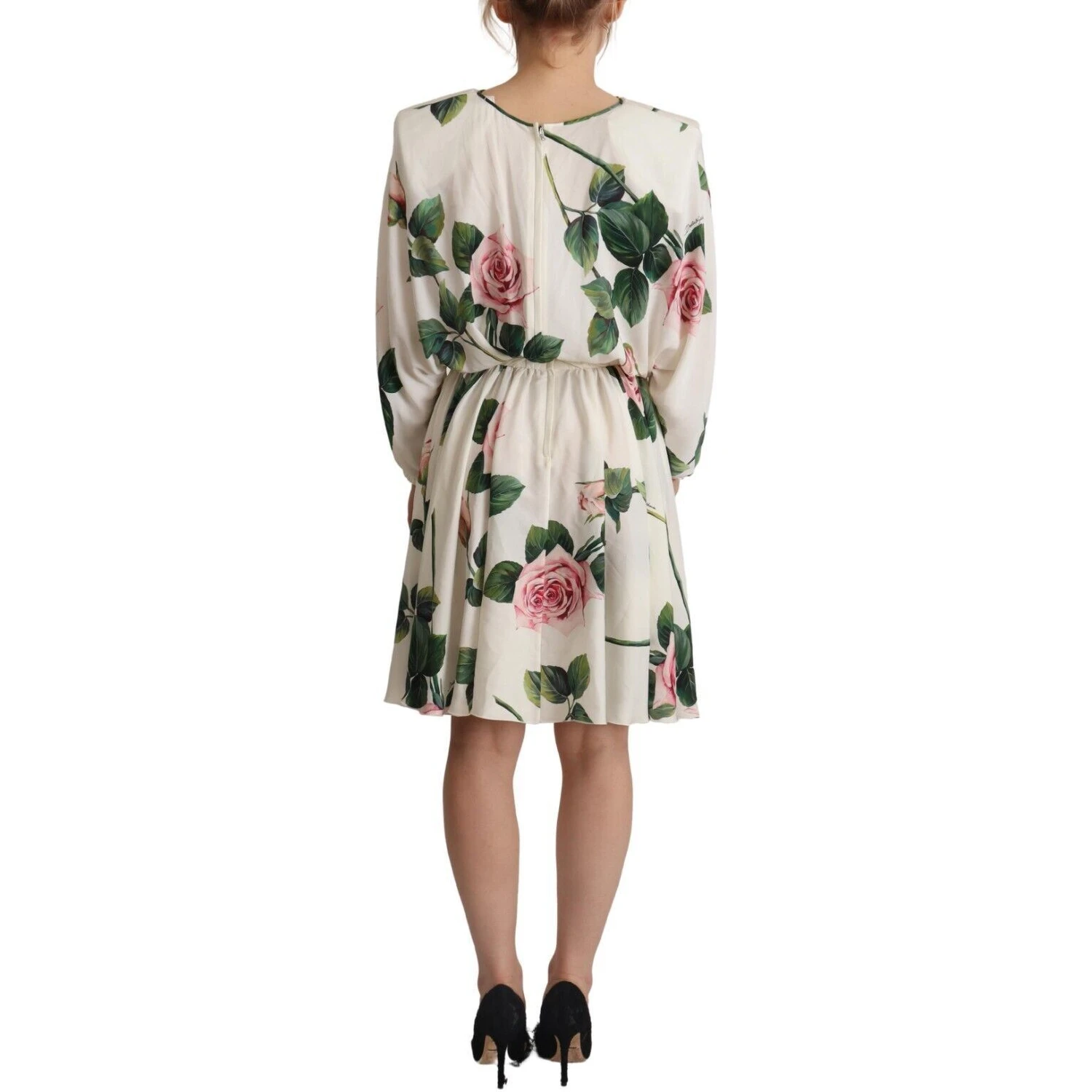 White Rose Print Long Sleeves A-line Dress