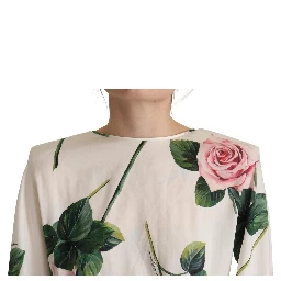 White Rose Print Long Sleeves A-line Dress