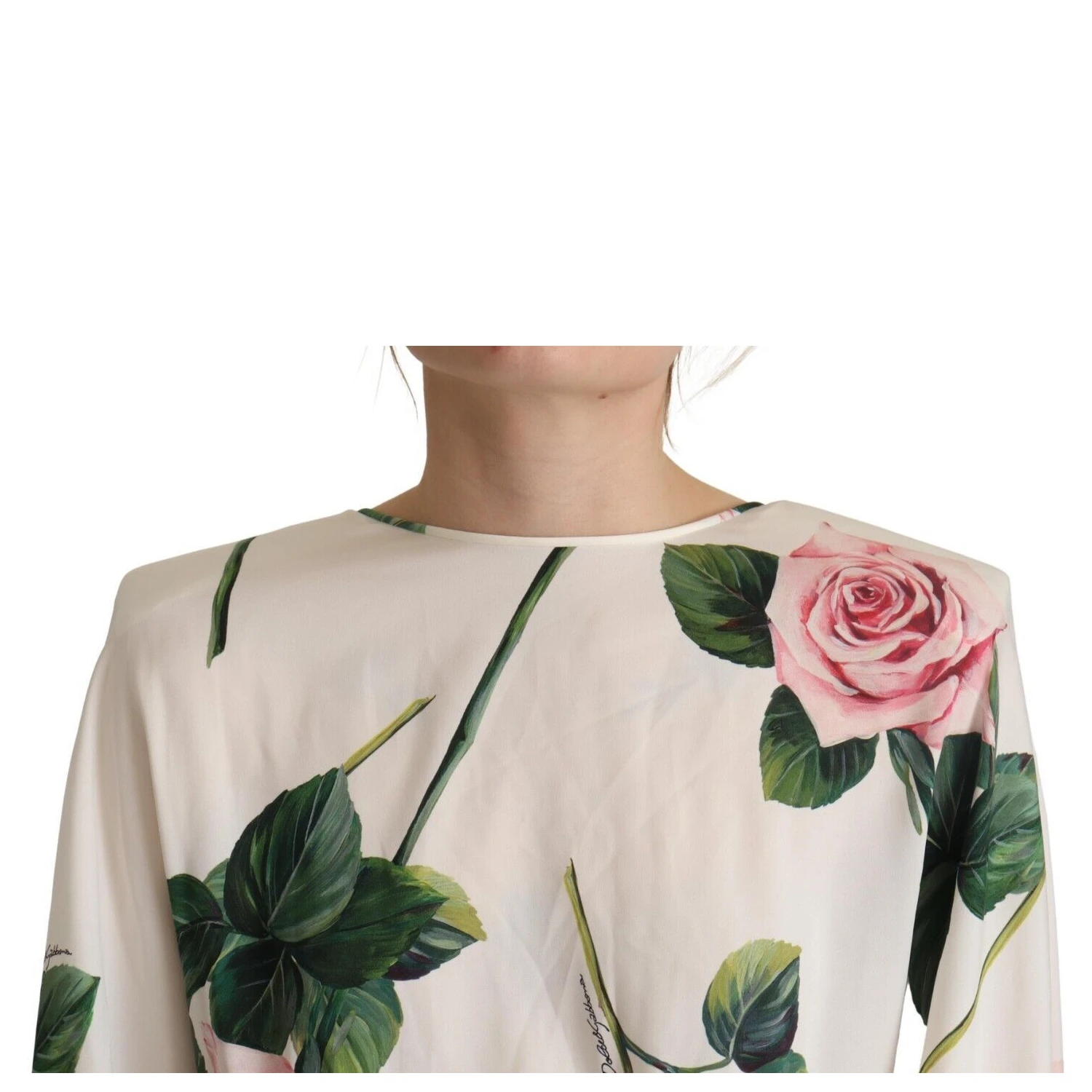 White Rose Print Long Sleeves A-line Dress