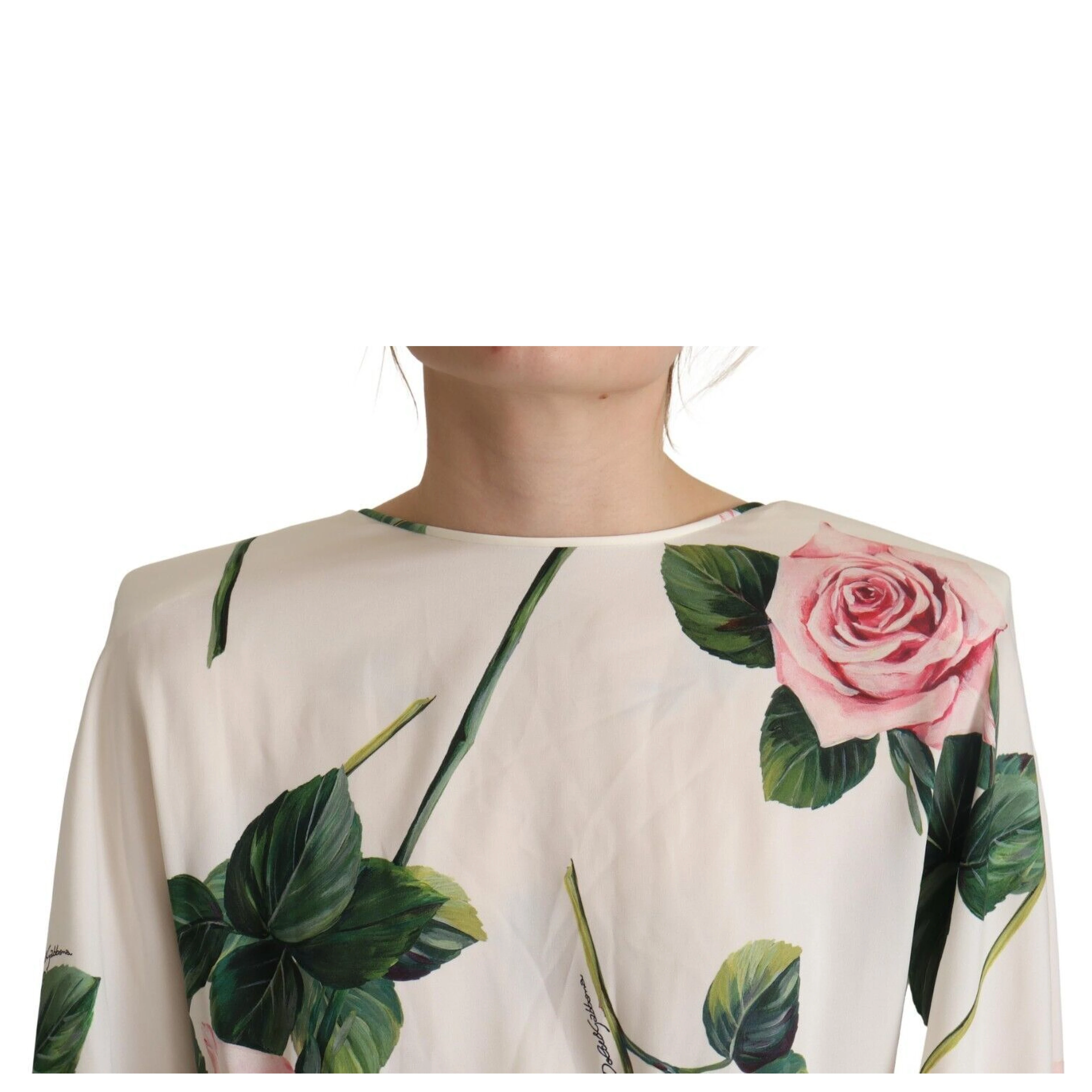 White Rose Print Long Sleeves A-line Dress