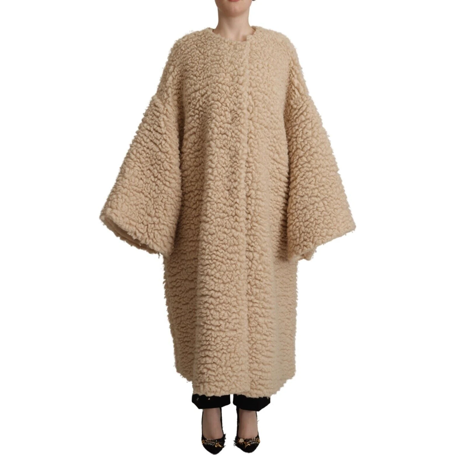 Beige Cashmere Wool Faux Fur Coat Jacket