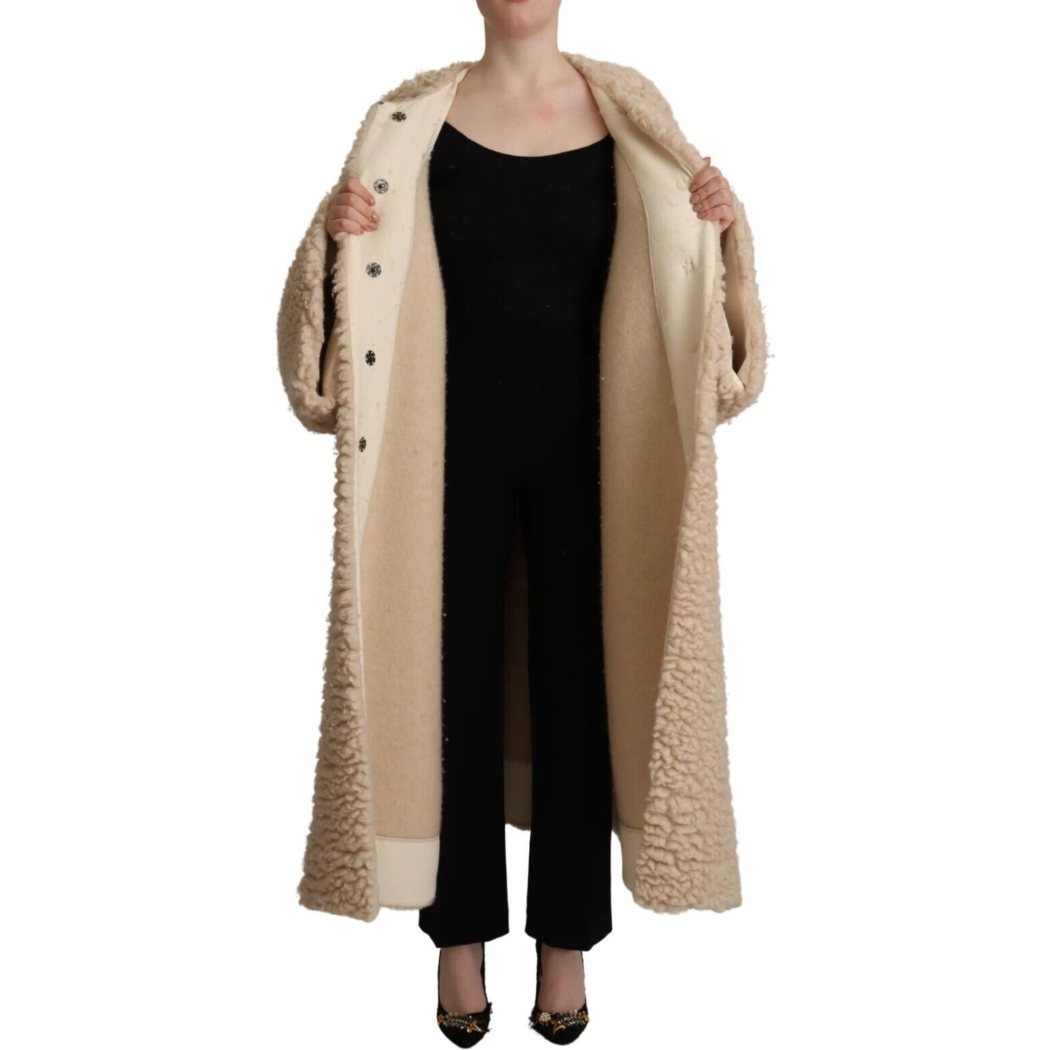 Beige Cashmere Wool Faux Fur Coat Jacket