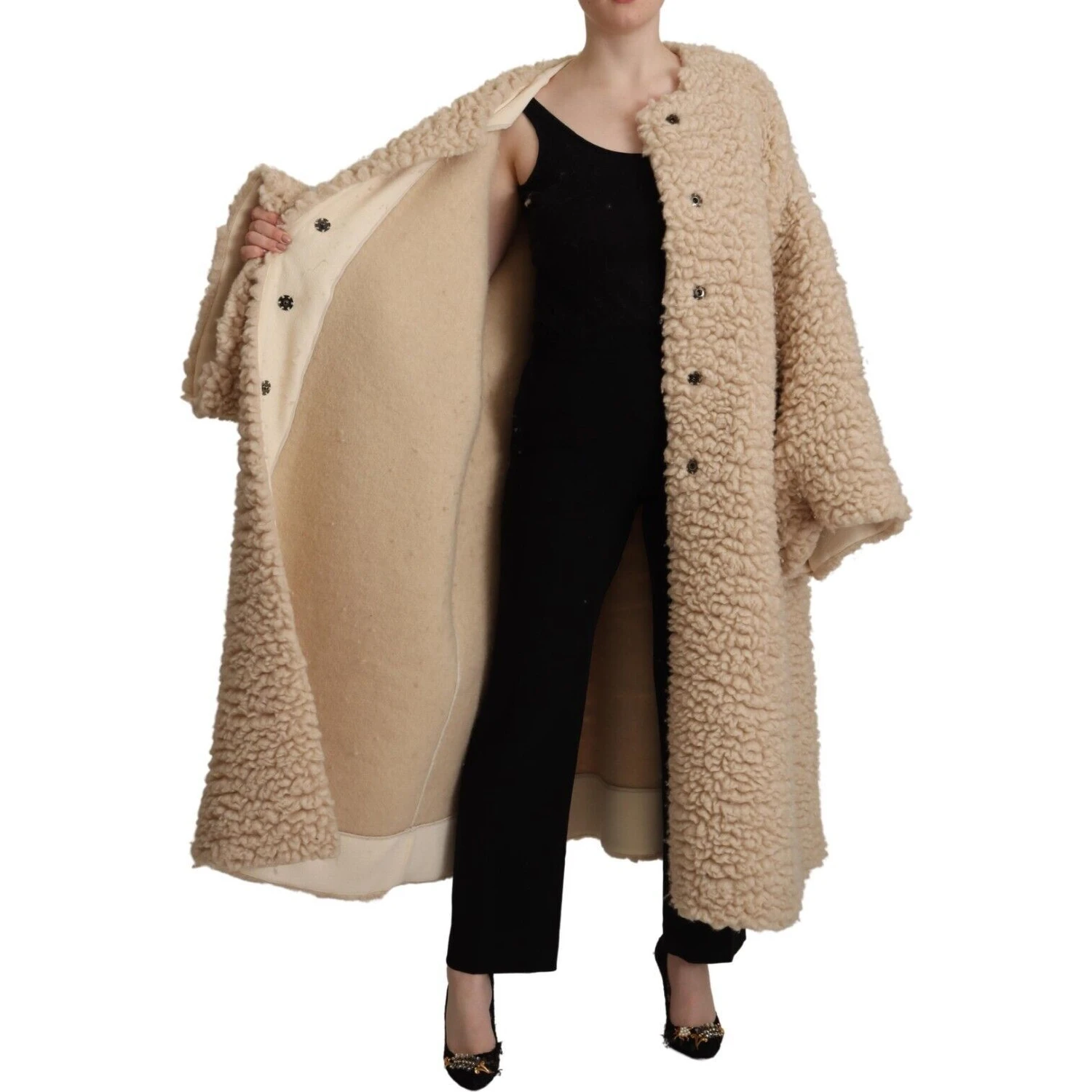 Beige Cashmere Wool Faux Fur Coat Jacket