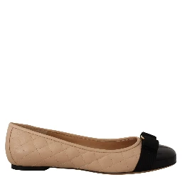 Beige and Black Nappa Leather Ballet Flat Shoes