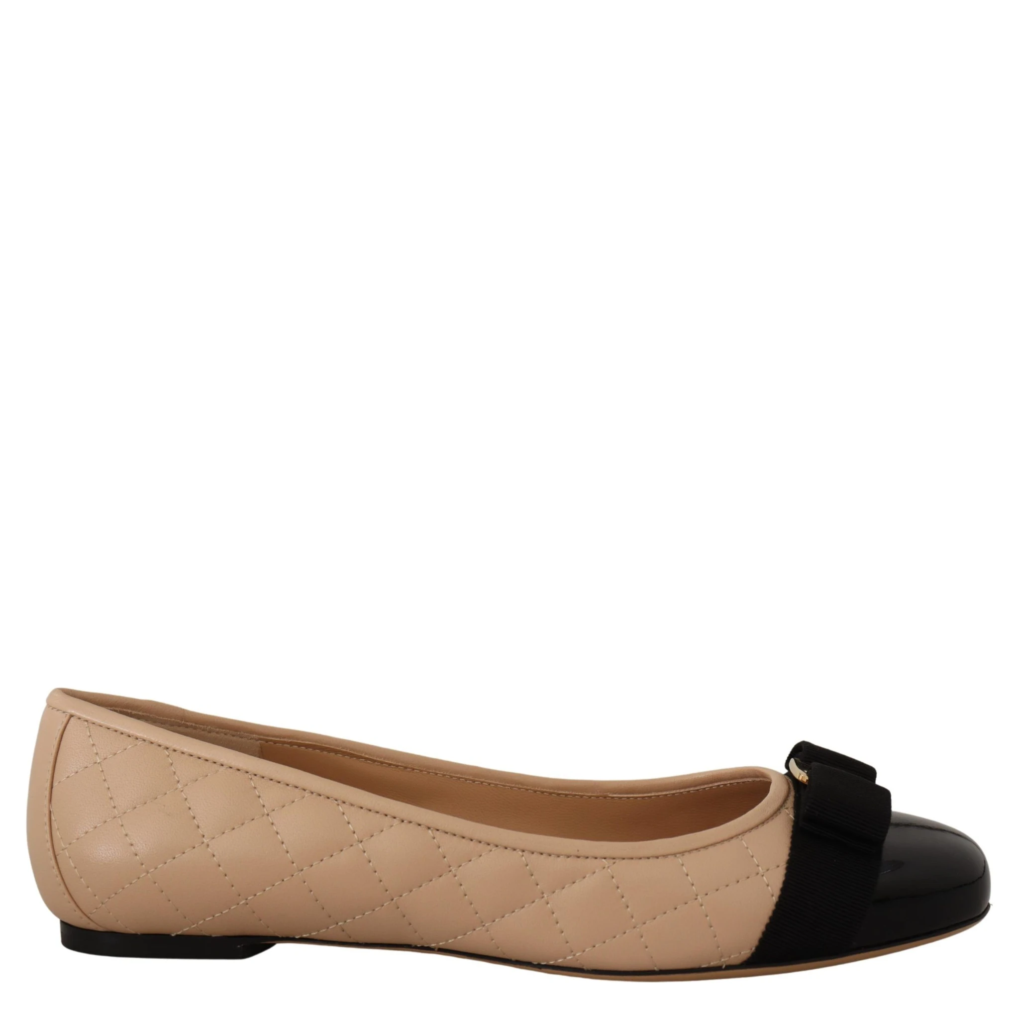 Beige and Black Nappa Leather Ballet Flat Shoes