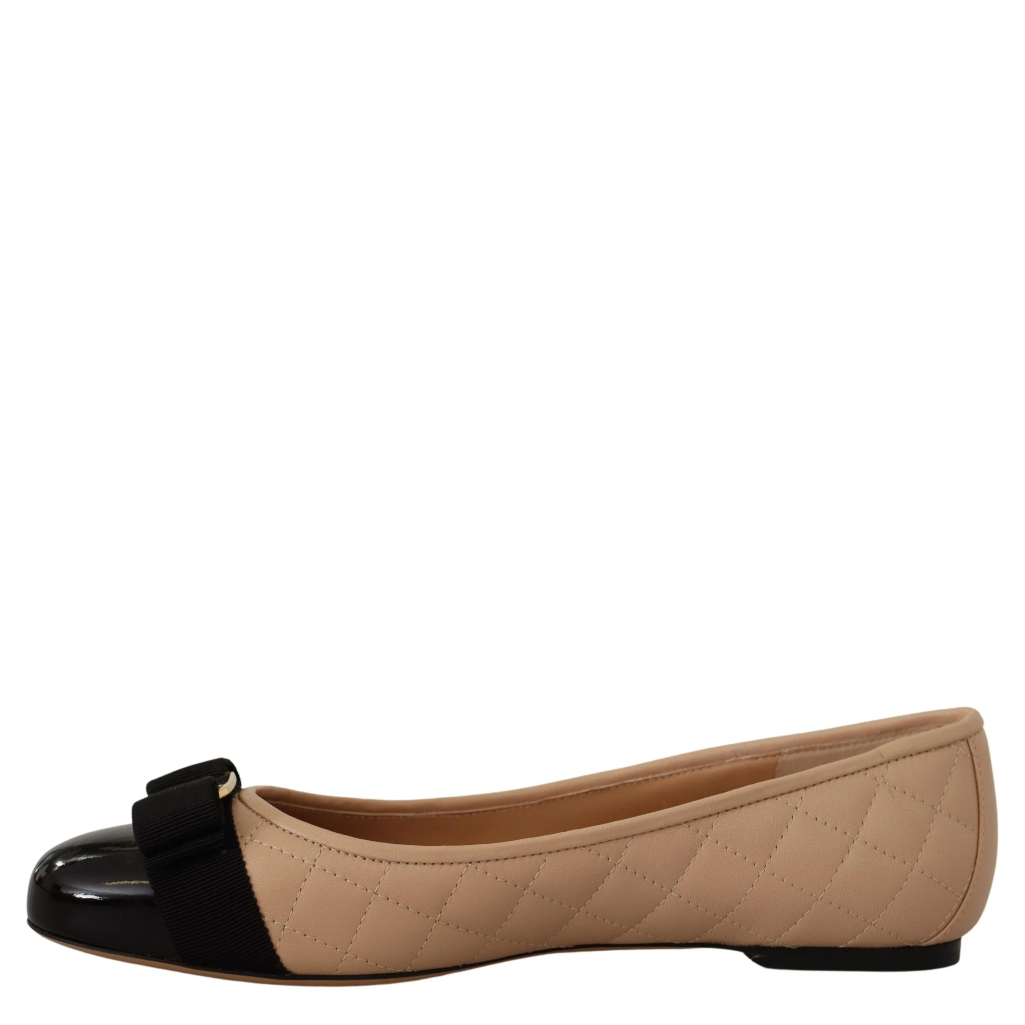 Beige and Black Nappa Leather Ballet Flat Shoes