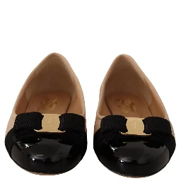 Beige and Black Nappa Leather Ballet Flat Shoes