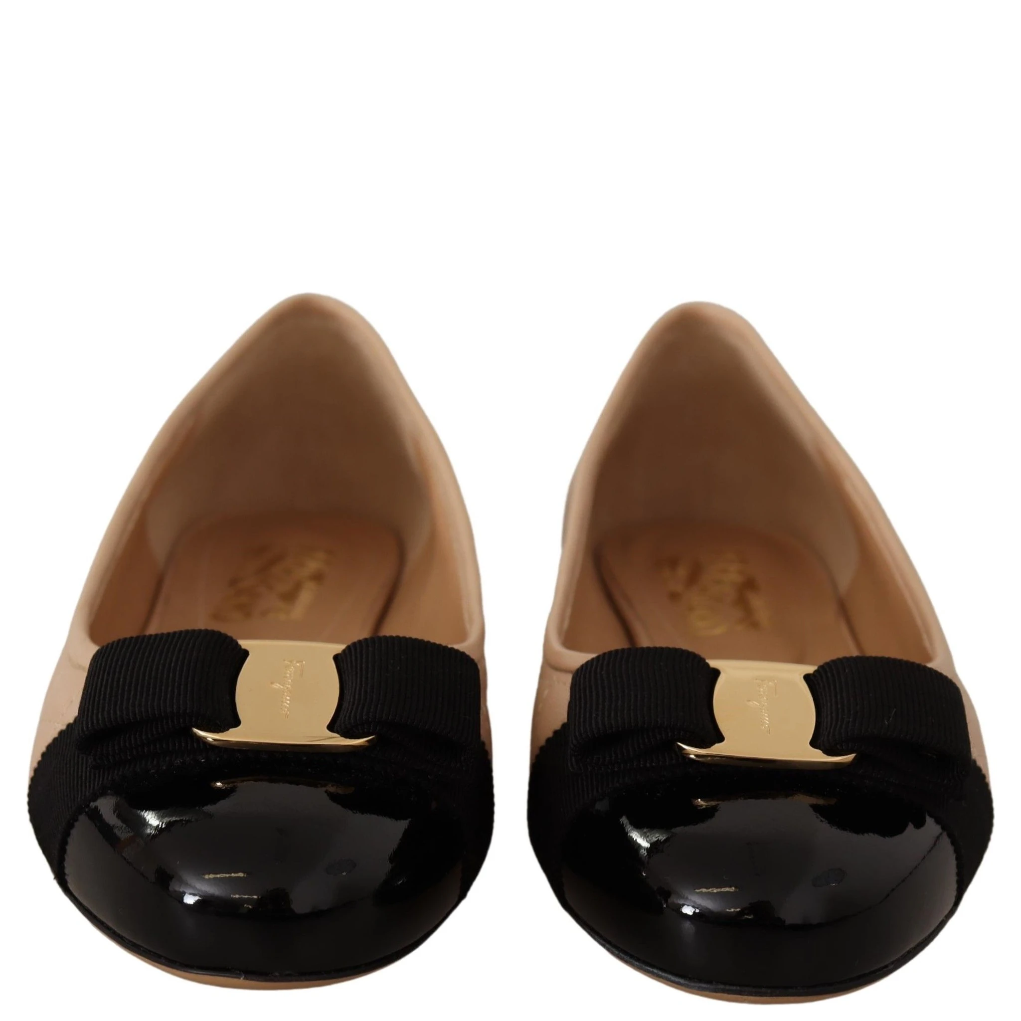 Beige and Black Nappa Leather Ballet Flat Shoes