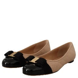Beige and Black Nappa Leather Ballet Flat Shoes