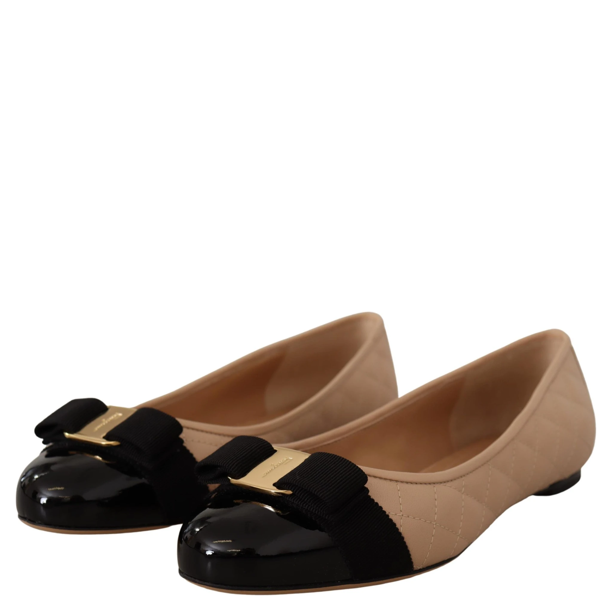 Beige and Black Nappa Leather Ballet Flat Shoes