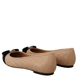Beige and Black Nappa Leather Ballet Flat Shoes