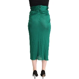 Dark Green High Waist Midi Pencil Cut Pleated Skirt
