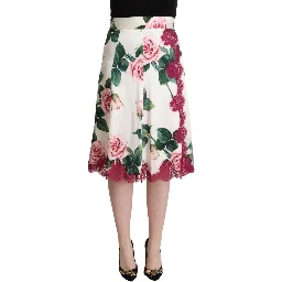 White Rose Print High Waist Midi A-line Skirt