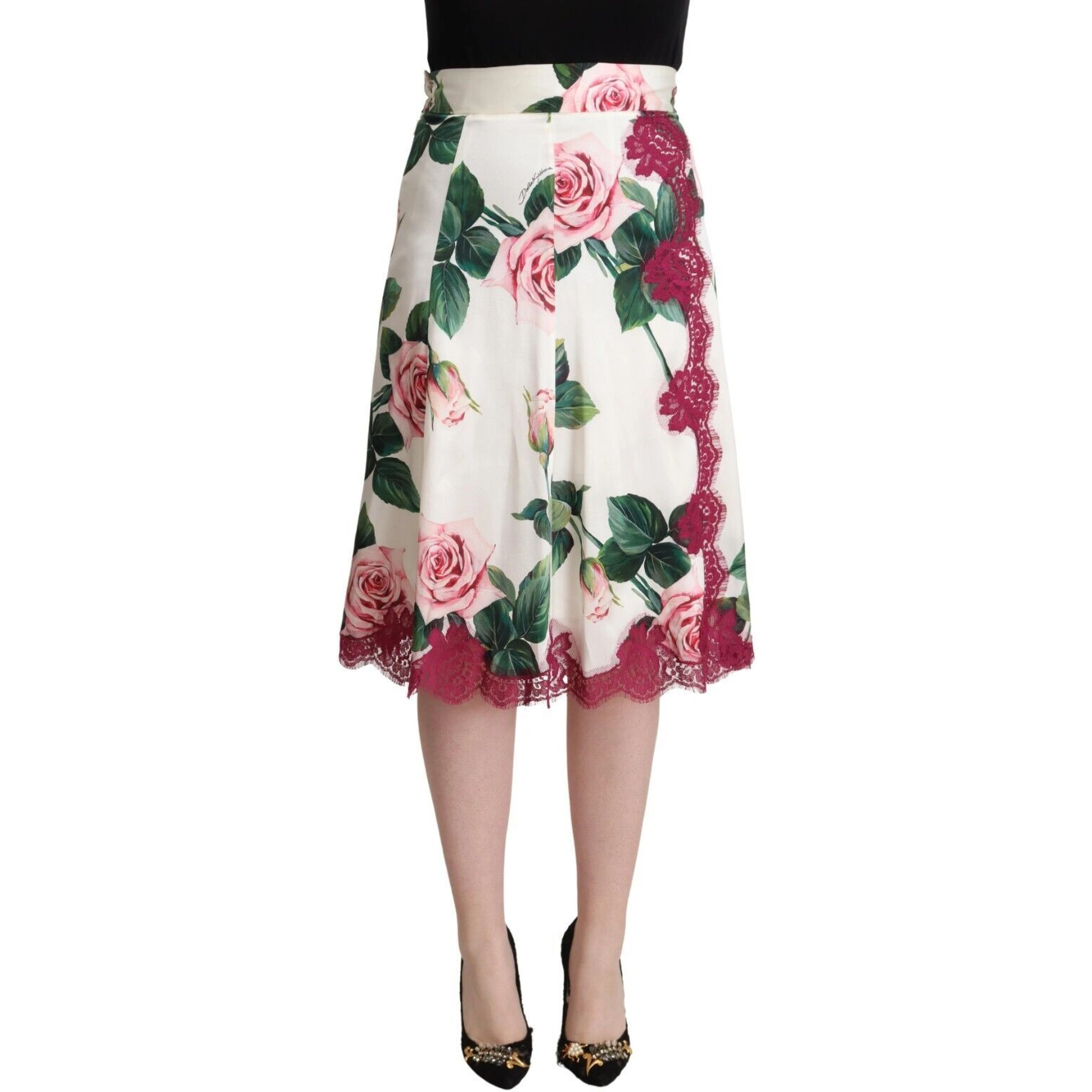 White Rose Print High Waist Midi A-line Skirt