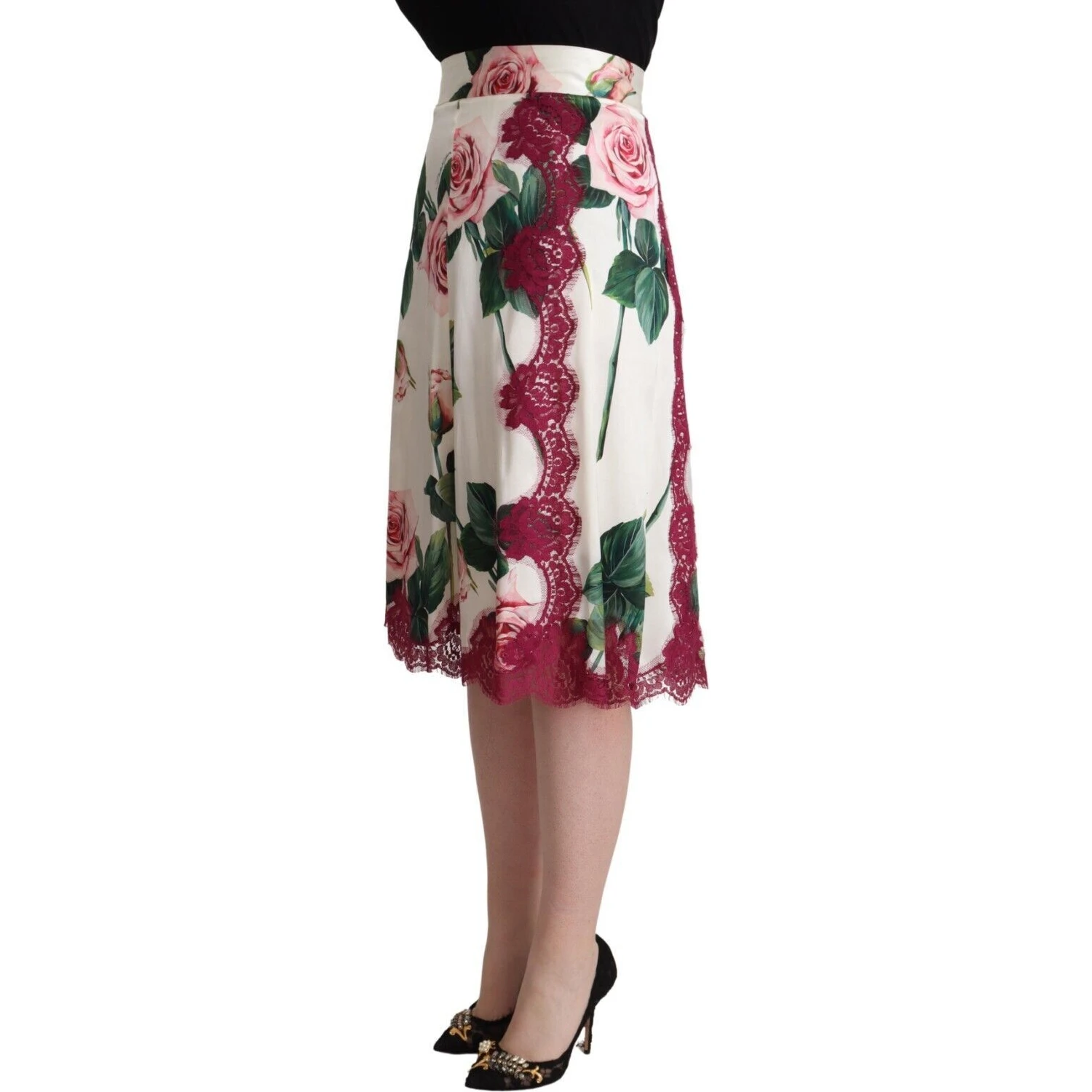White Rose Print High Waist Midi A-line Skirt
