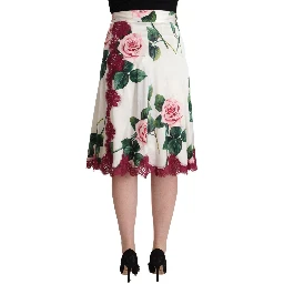 White Rose Print High Waist Midi A-line Skirt
