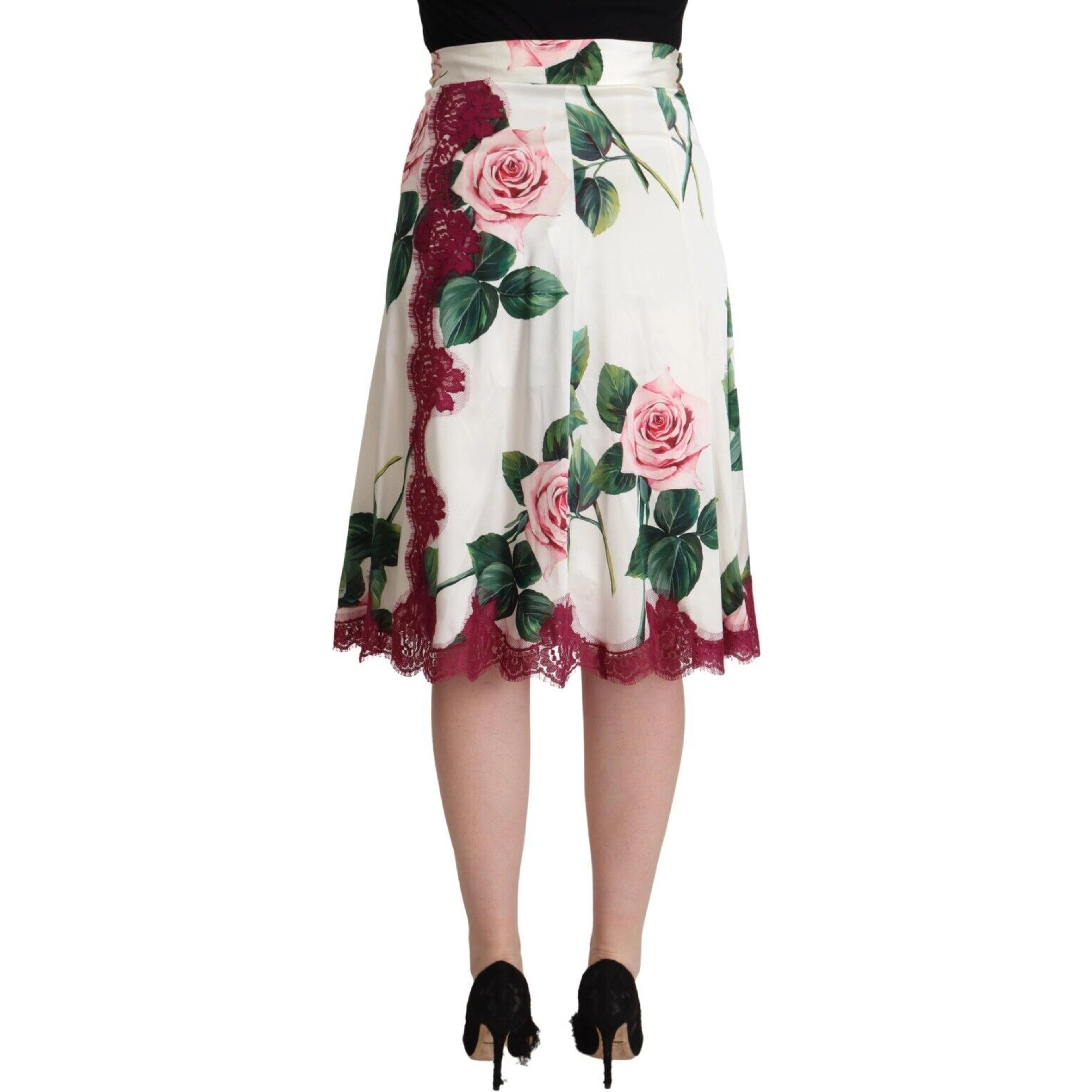 White Rose Print High Waist Midi A-line Skirt