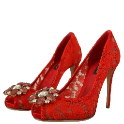 Red Taormina Lace Crystal Heels Pumps