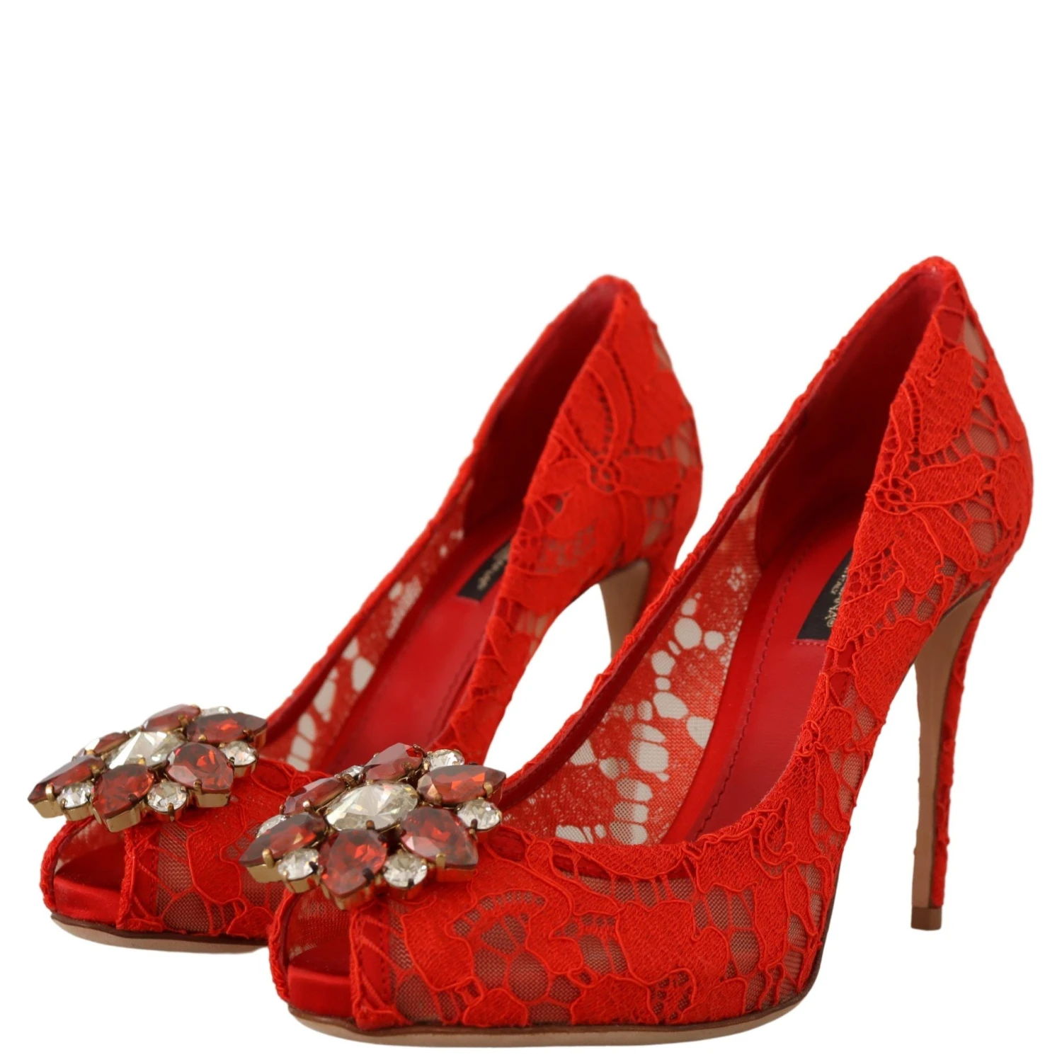Red Taormina Lace Crystal Heels Pumps