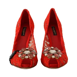 Red Taormina Lace Crystal Heels Pumps