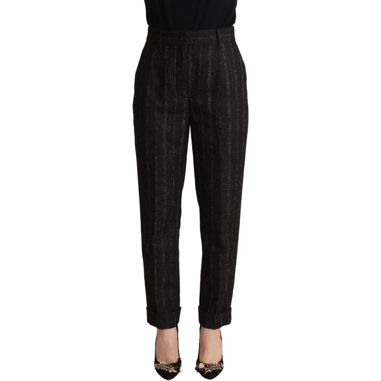 Black Striped High Waist Tapered Pants