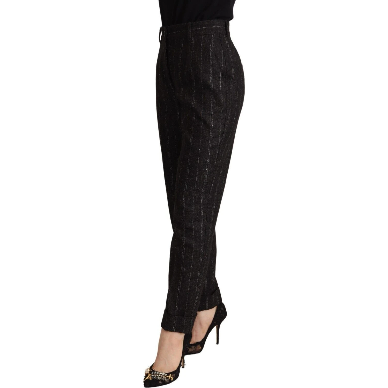 Black Striped High Waist Tapered Pants