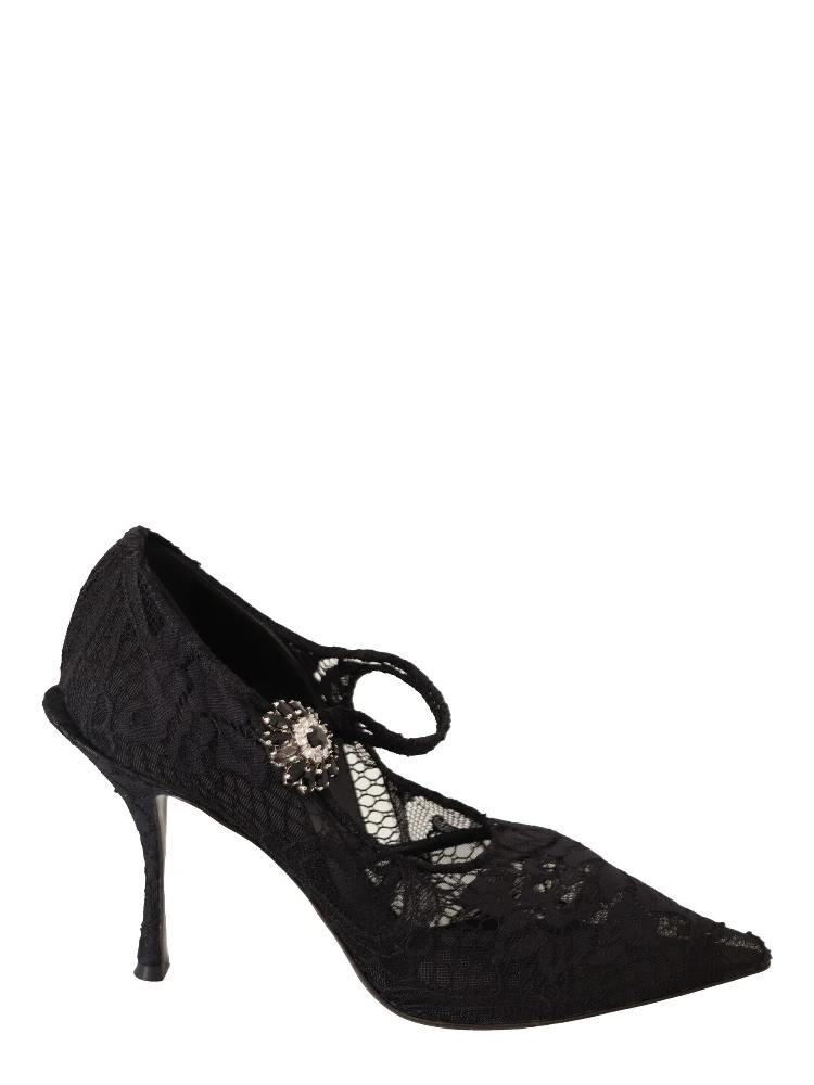 Black Lace Crystals Heels Mary Jane Pumps Shoes