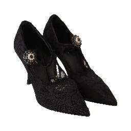 Black Lace Crystals Heels Mary Jane Pumps Shoes