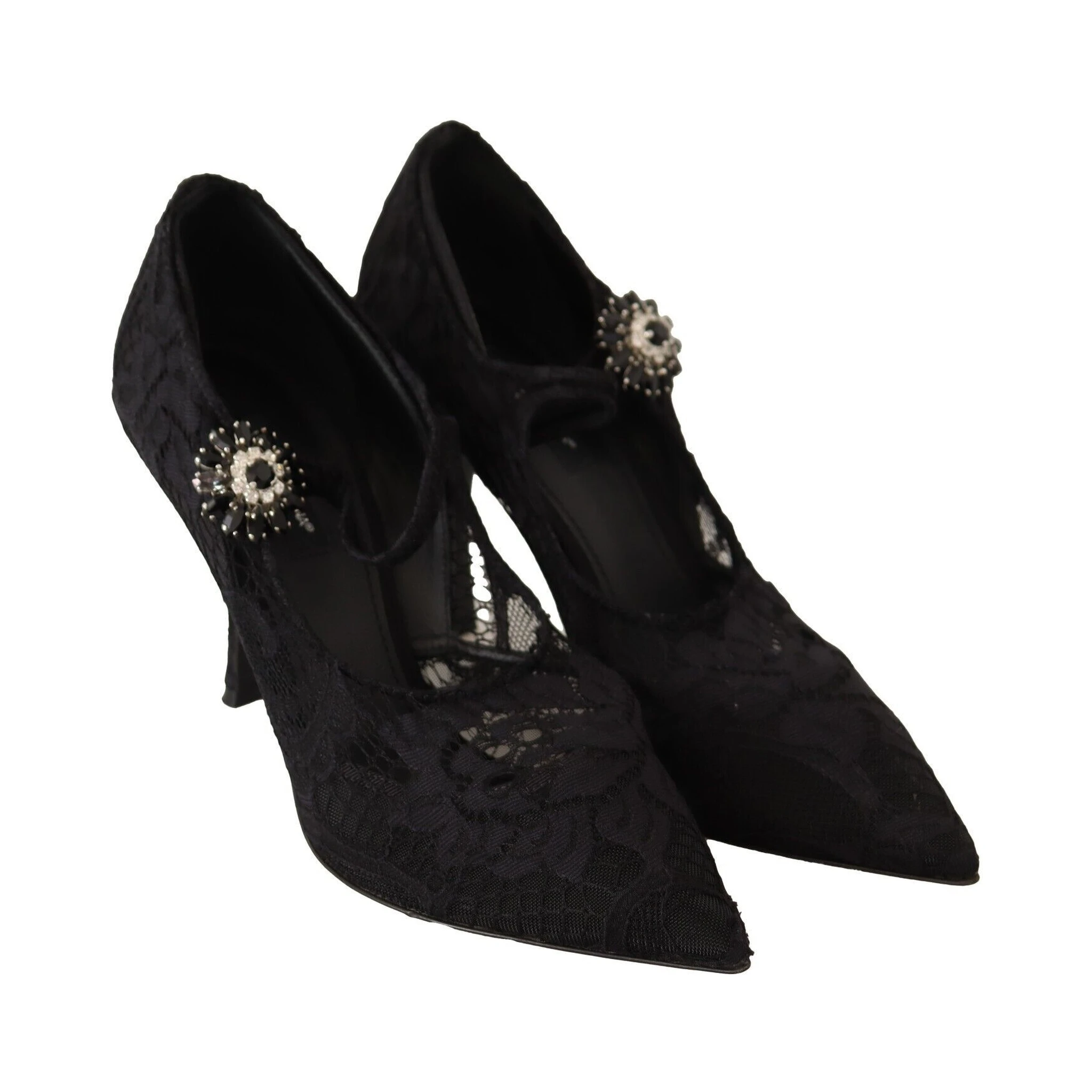 Black Lace Crystals Heels Mary Jane Pumps Shoes