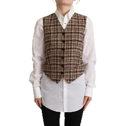 Brown Checkered Leopard V-neck Sleeveless Vest Top