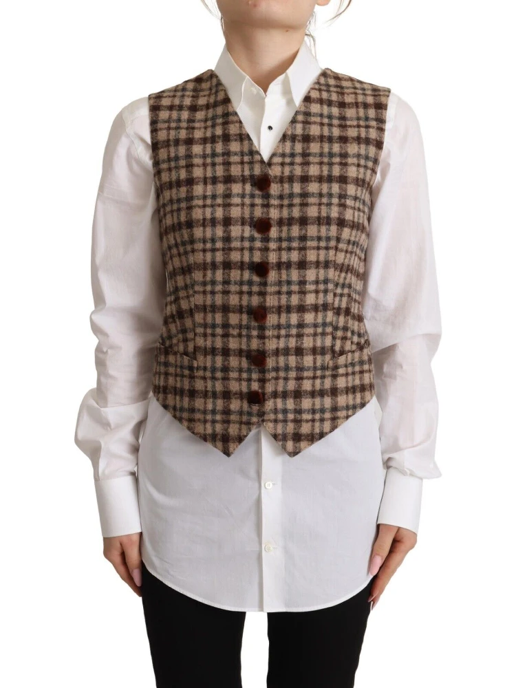 Brown Checkered Leopard V-neck Sleeveless Vest Top