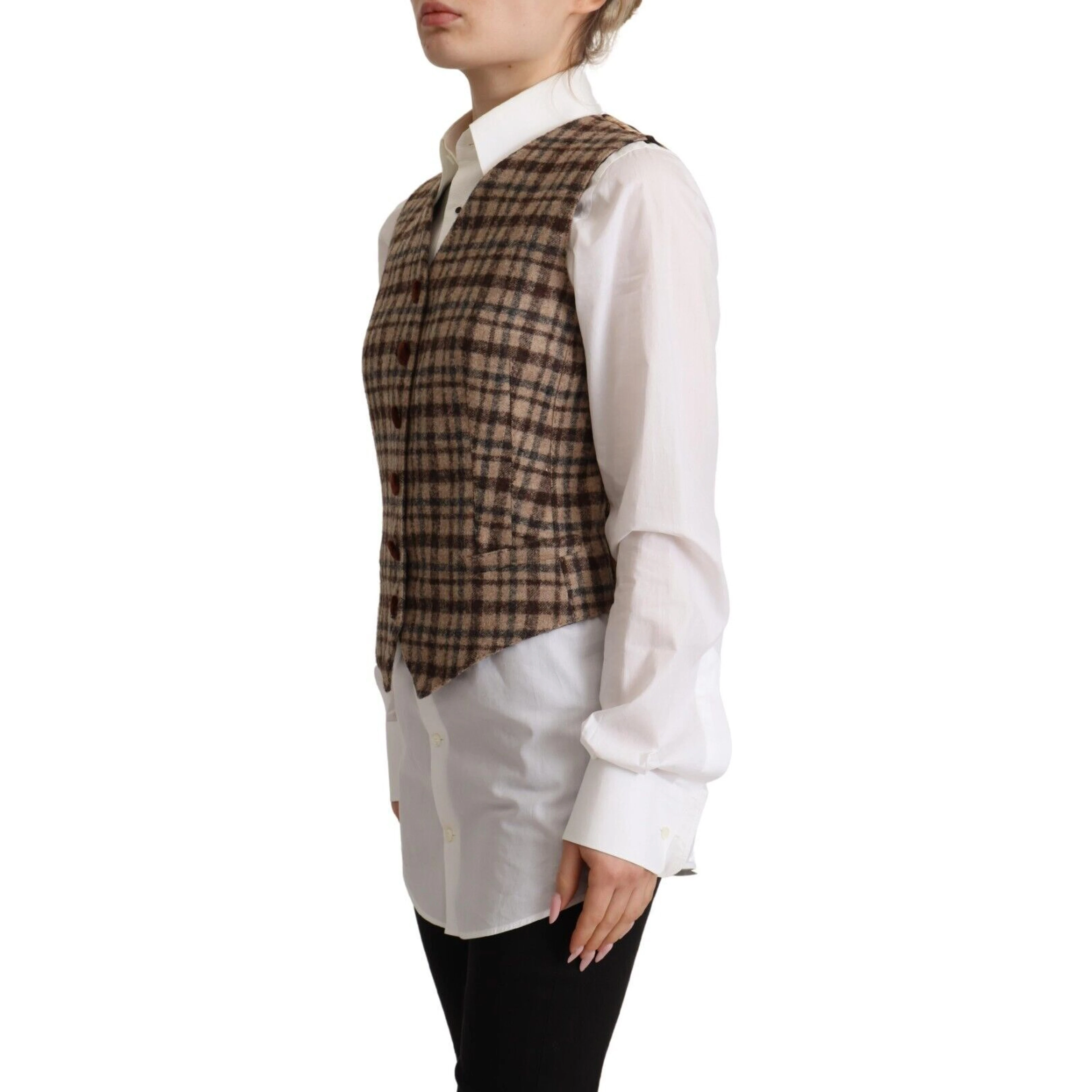 Brown Checkered Leopard V-neck Sleeveless Vest Top