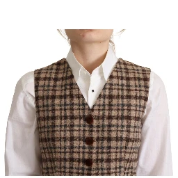 Brown Checkered Leopard V-neck Sleeveless Vest Top